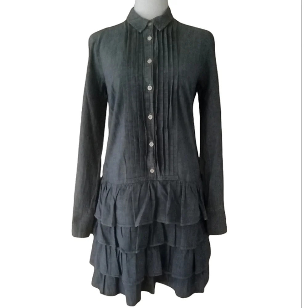 J. Crew Button Front Ruffle Skirt Cotton Chambray Dress NWT Size 0